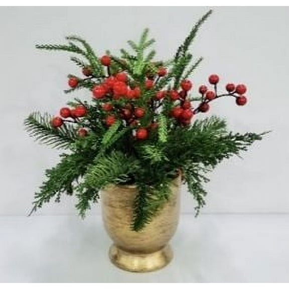 Berries and Pine Sprigs Arrangement Christmas Decoration, Red and Green, 12", by My Texas House