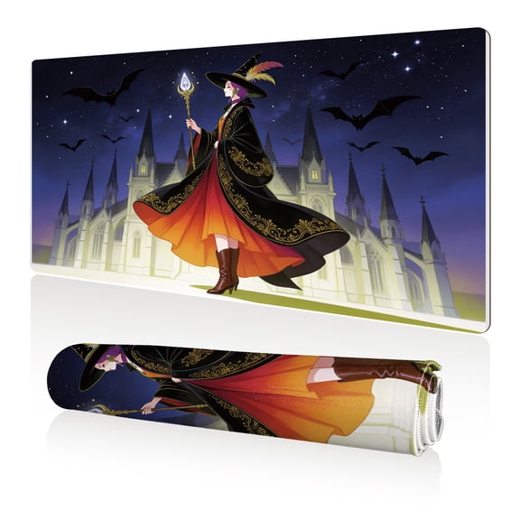 LIVEKEY Mouse Pad 80x40cm Extra Large Non Slip Stitched Durable Easy Clean Witch with Magic Wand Bats Castle Night Sky for Gaming Office