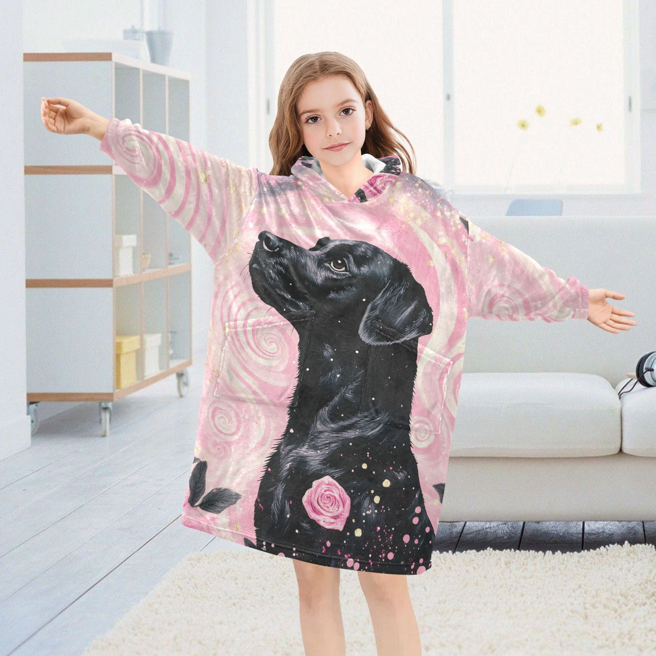 joogoo Wearable Blanket Hoodie Dog in Swirl Flower for Flannel Sherpa Pocket 3-14 YR L
