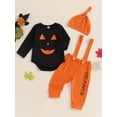 thumbnail image 5 of Aojekbee 3-Piece Baby Halloween Set Witch Pumpkin Print Long Sleeve Romper Letter Print Long Overall Pants Hat Outfits, 5 of 10