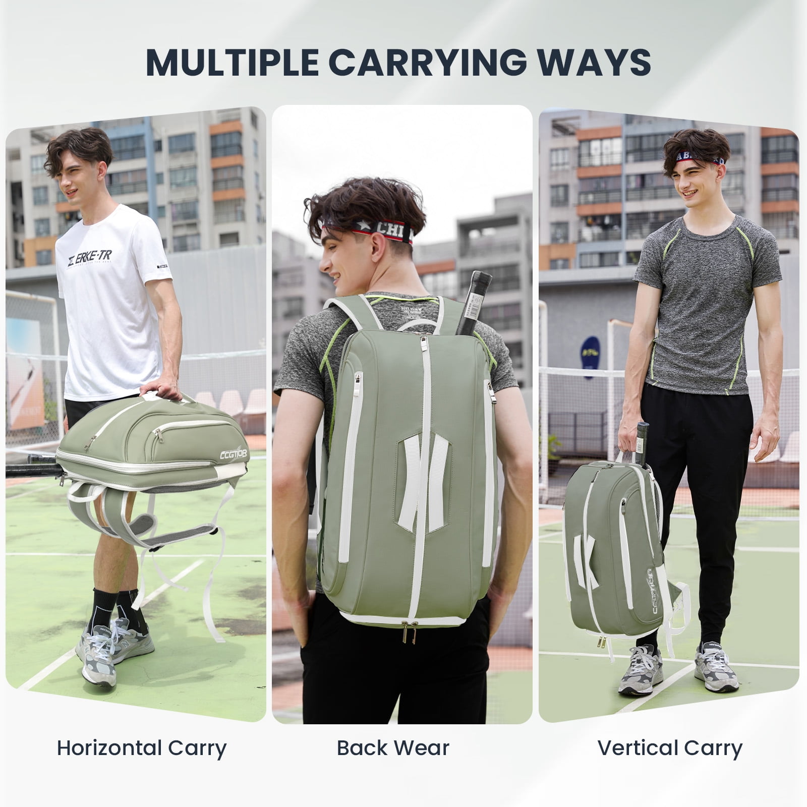 CCGTIOR Multi-Use Beach Tennis Bag For Sport Convertible Padel Backpack - Laptop Sleeve, Ball Sleeve, Fence Hook, Easy Access,Shoe Compartment (Green)