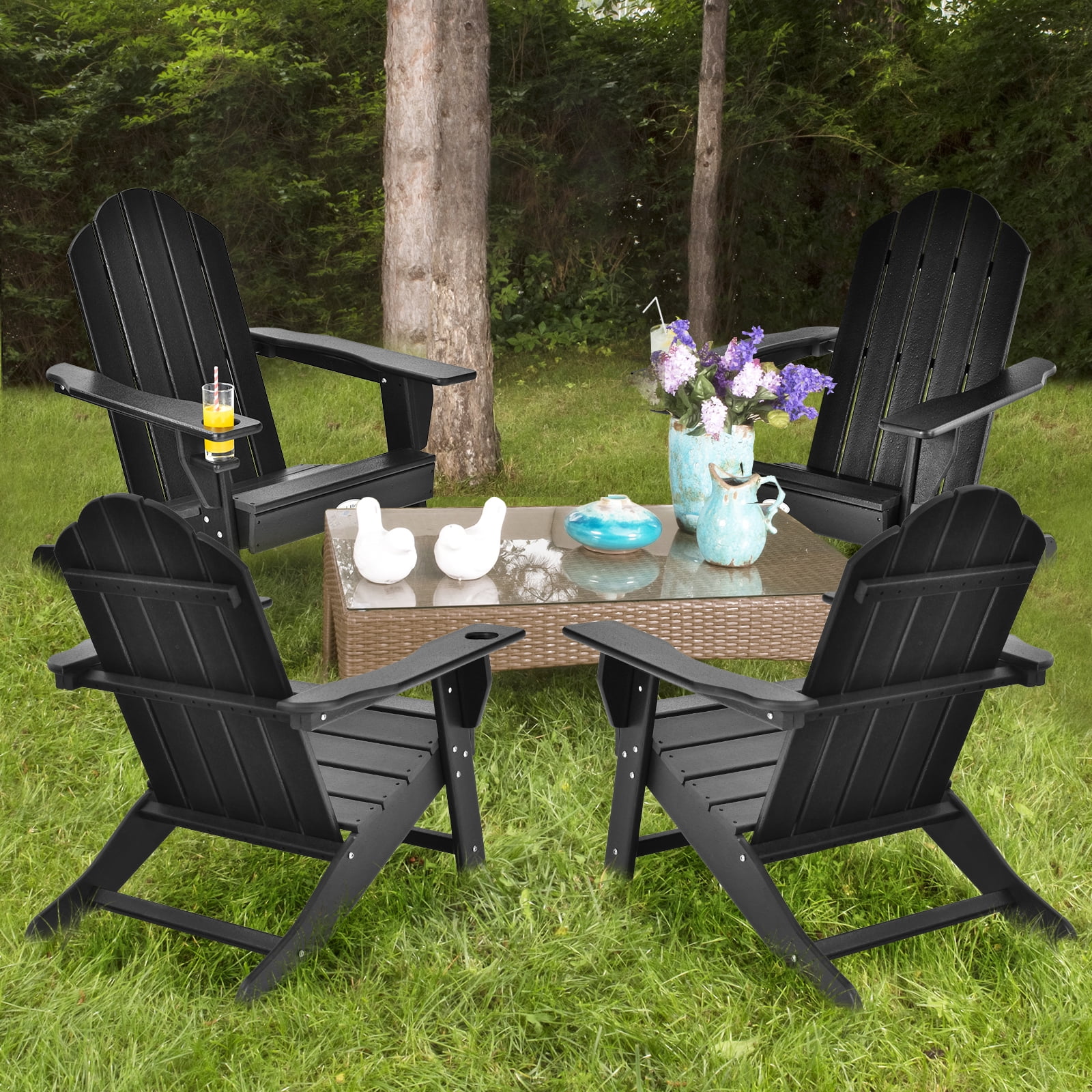 Patiojoy Adirondack Chair Outdoor with Cup Holde Weather Resistant Lounger Chair for Backyard Garden Patio and Deck Black