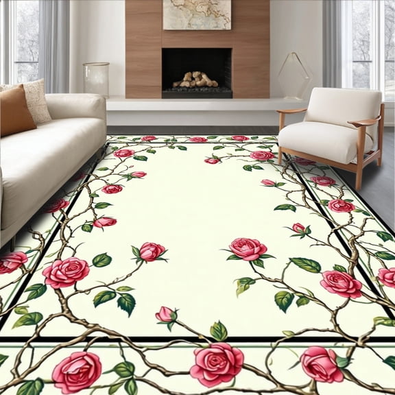 ODIKA 4'x6' Machine Washable Non-Slip Area Rug, Rose Trellis Design Ivory Ground High Traffic Rug, Red, 268986