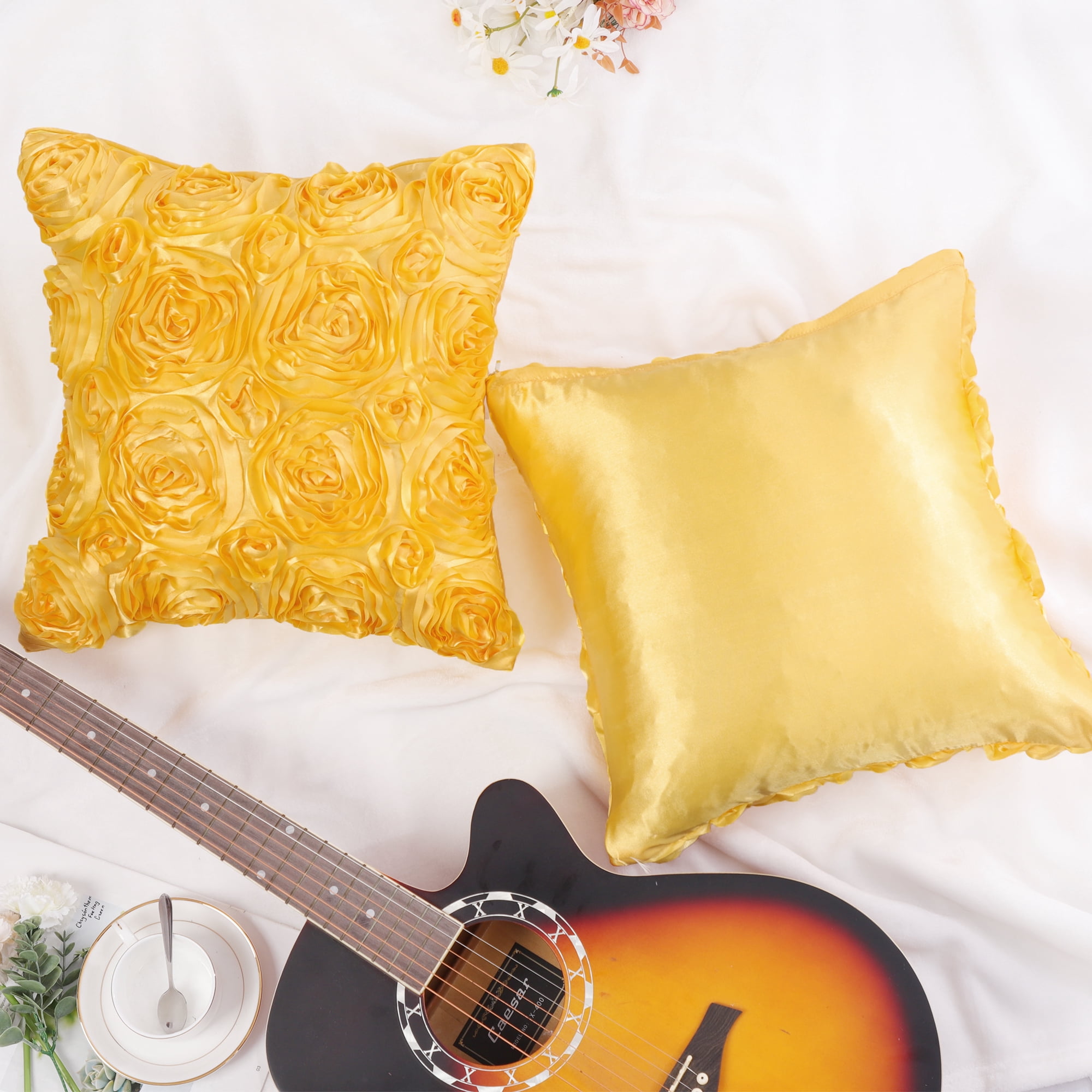 PiccoCasa Decorative Throw Pillow Covers 3D Satin Rose Flower Shells Cushion Covers, 2Pcs, 16"x16" Gold Tone
