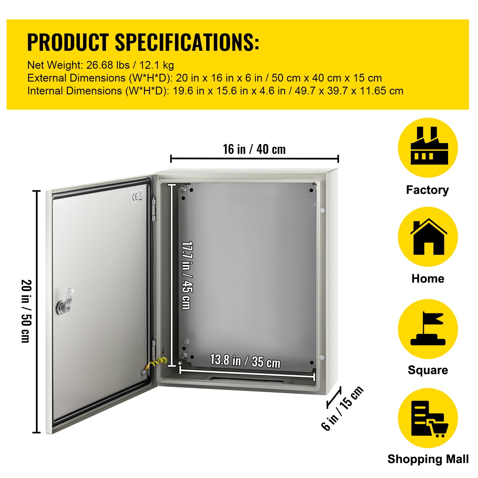 KFFKFF Steel Electrical Box 20” x 16” x 6” Electrical Enclosure Box, Carbon Steel Hinged Junction Box