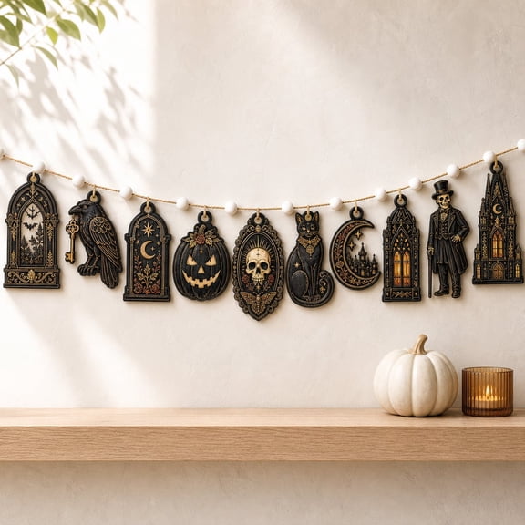 Garland Gothic Halloween Raven Skull Owl Moon Pumpkin Wooden Mantel and Wall Decor