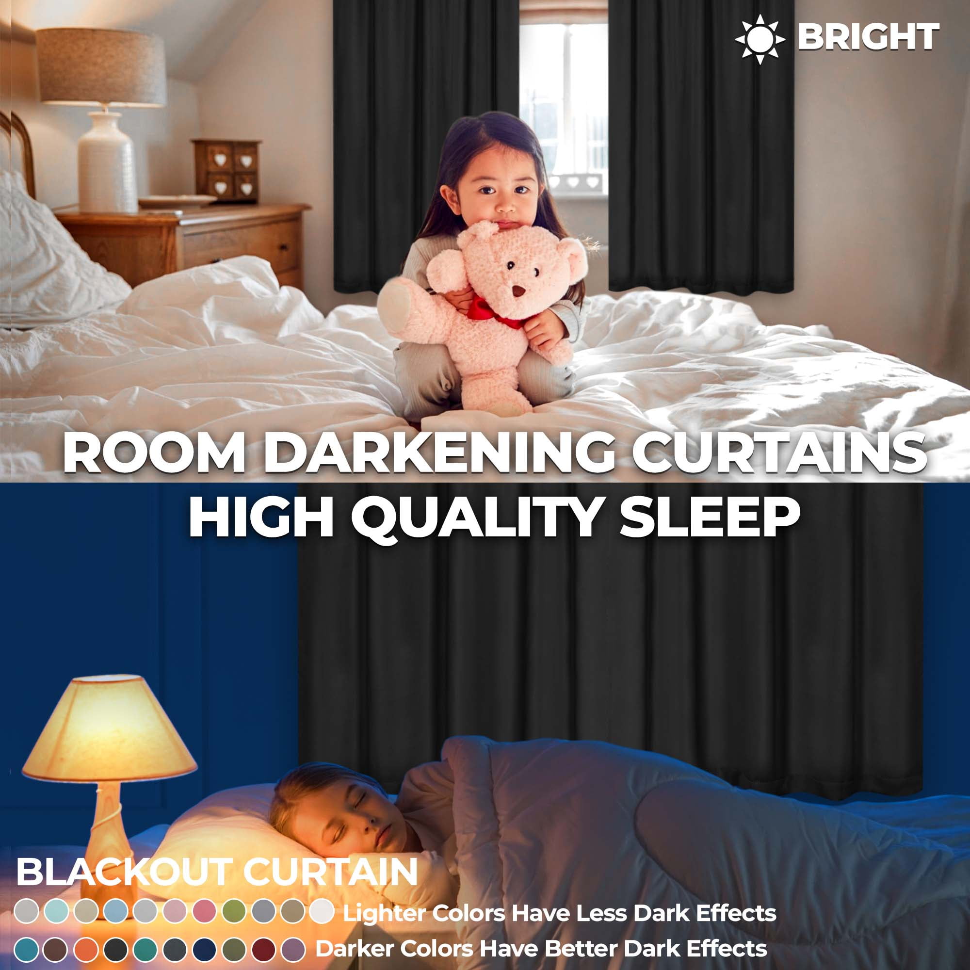 Superior Blackout Solid Light Filtering Rod pocket Curtain Panel Set, 36" x 84", Black