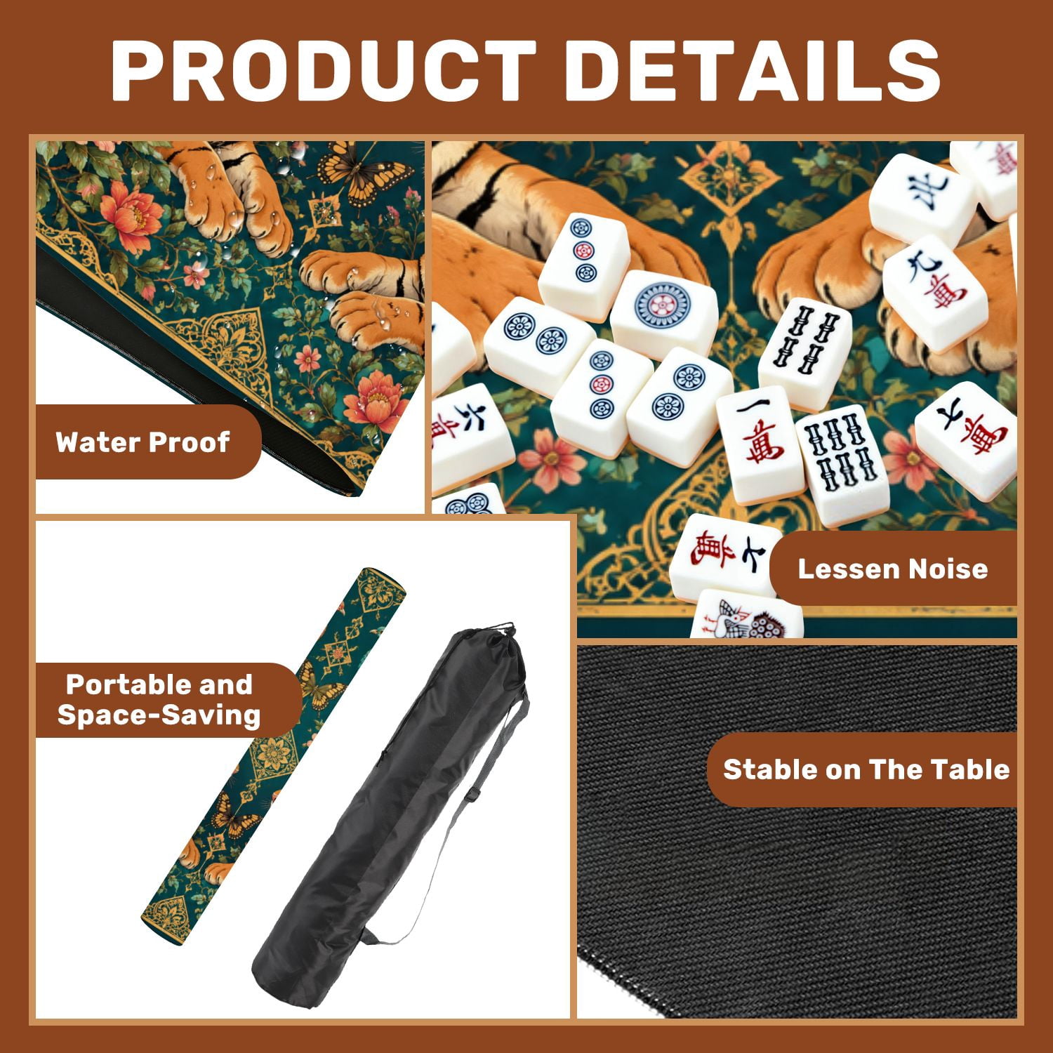 Mahjong Mat 31.5" x 31.5" Tigers Exotic Birds Floral Ornamental Teal Non-Slip Noise Reduction Mahjong Tiles Table Cover for Dominoes Poker Card Board and Tile Games