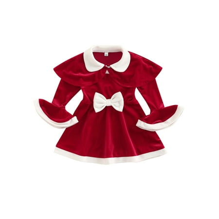 

Sunisery Kid Christmas Dresses Bowknot Square Neck Long Flare Sleeve Dress Lapel Cloak