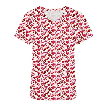 

CYMMPU Women s V-Neck Scrub Tops Clearance Comfy Clothes for 2023 Nurse Uniform Trendy Valentine s Day Short Sleeve Shirts for Women Workwear Colored Love Heart Printing Red M