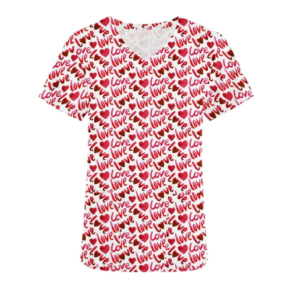 Pisexur Scrub Tops pour les Femmes Valentine'S Day Manches Courtes Amour Imprimé Coeur Travail Uniforme Col en V Confortable Blouse Tunique avec 2 Poches