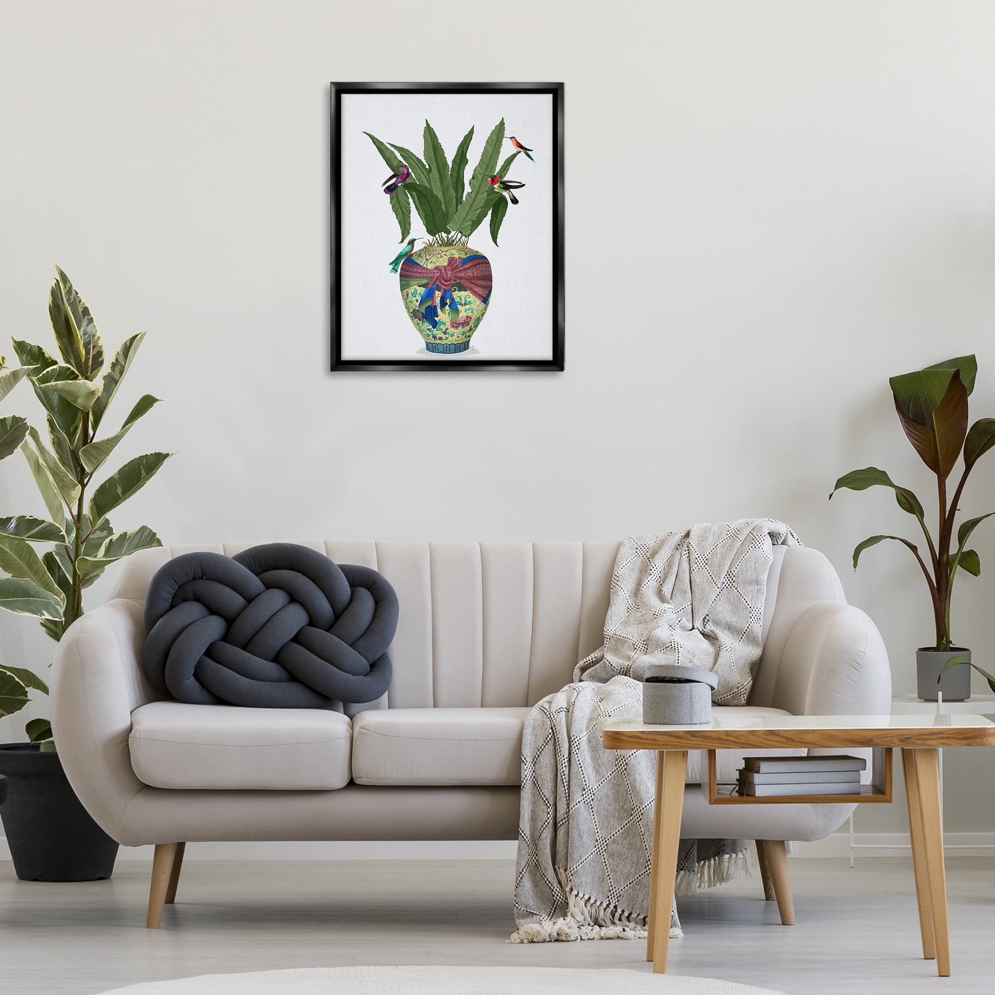 Stupell Industries Traditional Birds on Planter Botanical & Floral Painting Black Floater Framed Canvas Art Print Wall Art, 25 x 31