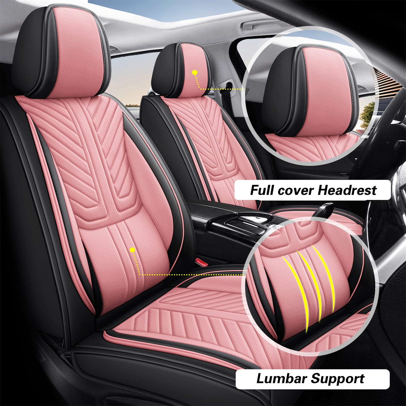 OTOEZ Universal Pink Car Seat Cover Nappa Leather 5-Seat Full Set Waterproof Front & Rear Cushion Protector Fit Most Honda Toyota Chevy Ford Nissan SUV