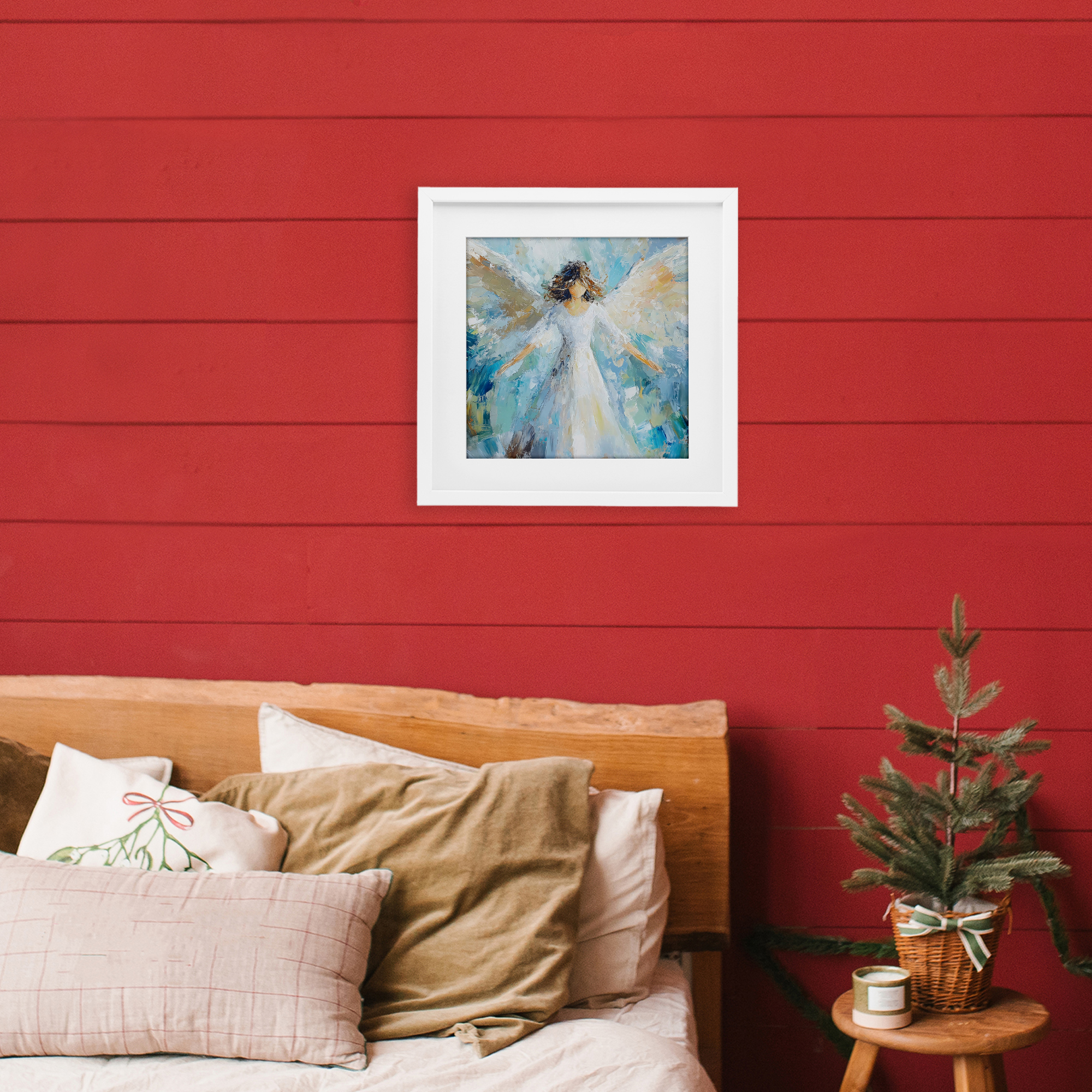 Flying Glory Angel White Framed Print Under Glass, design by Petal Prints Design