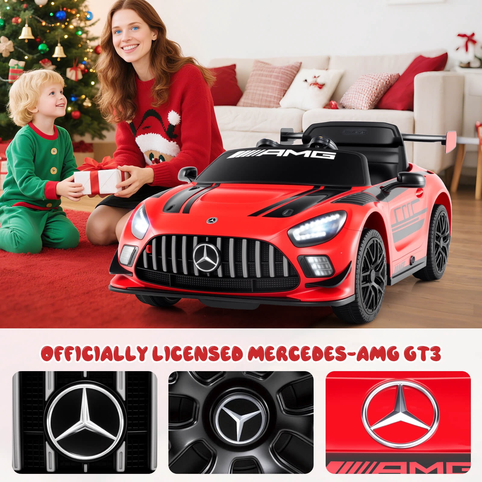 Costway Ride on Car Licensed Mercedes-AMG GT3 Kids Car with Remote Control 3 Speeds Red