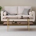 thumbnail image 4 of Rectangle Coffee Table MidCentury Modern Design L W x H for Living Room Structure Amber Glass Top and Walnut MDF Shelf Sleek Conical Metal Legs with Gold Finish, 4 of 9