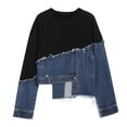 thumbnail image 1 of Ailaofu Women's Denim Patchwork Shirt Long-Sleeved Crew neck Casual Tops Blouses, 1 of 5