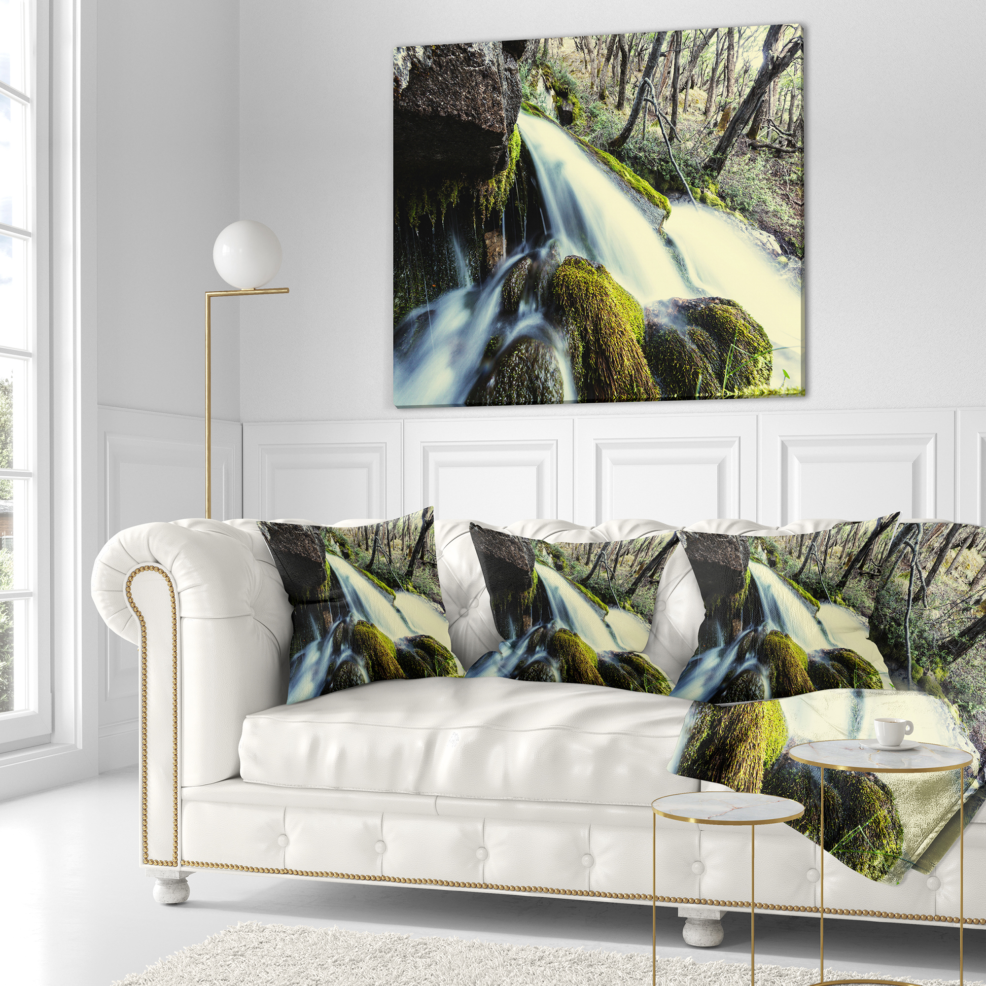 Designart Waterfall in Forest on Rocks - Seashore Throw Pillow - 16x16