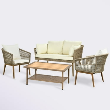 DWVO 4 Pieces Patio Conversation Set, Outdoor Furniture Set - Loveseat Sofa,2 Chairs with Cushions and Coffee Table (Bistro Set) - Beige