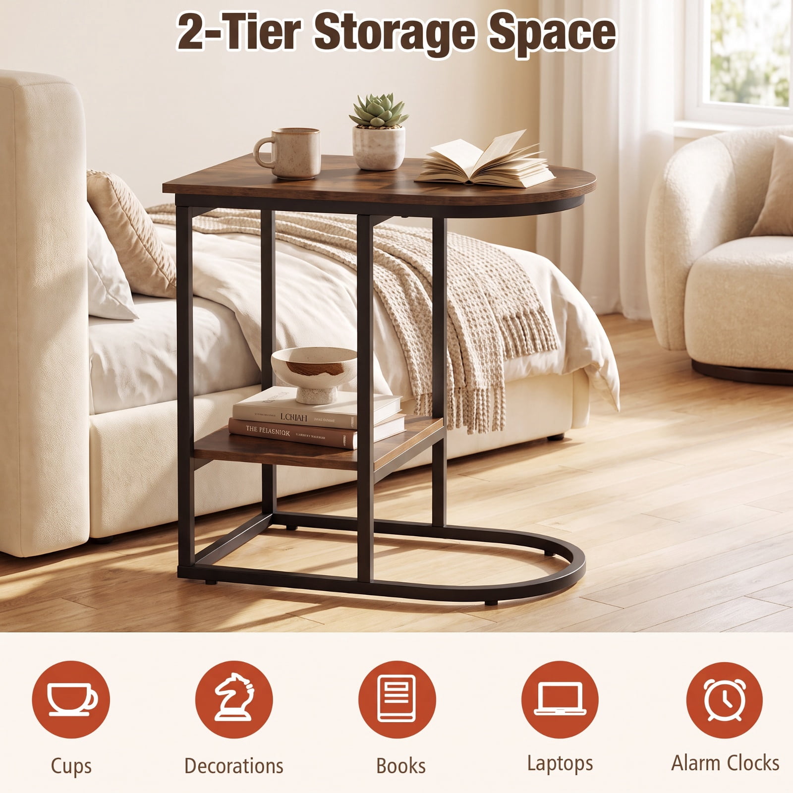 Furnibear C Shaped Modern Sofa Side Table with wood-grain finish Tabletop and Two Tier Storage Shelf for Living Room Bedroom and Lounge, Rustic Brown