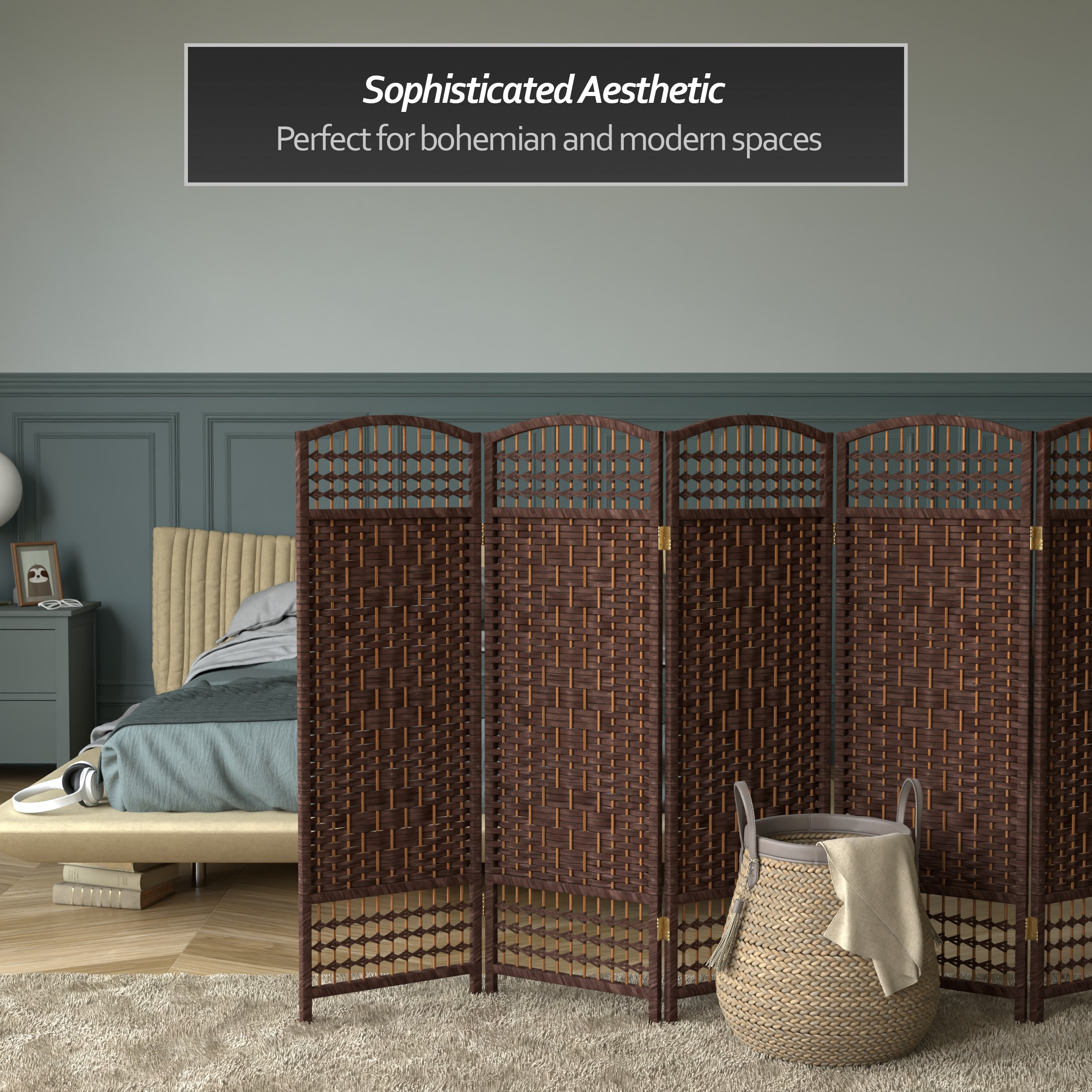 Red Lantern 4 ft. Short Fiber Weave Folding Screen - Dark Mocha - 6 Panels
