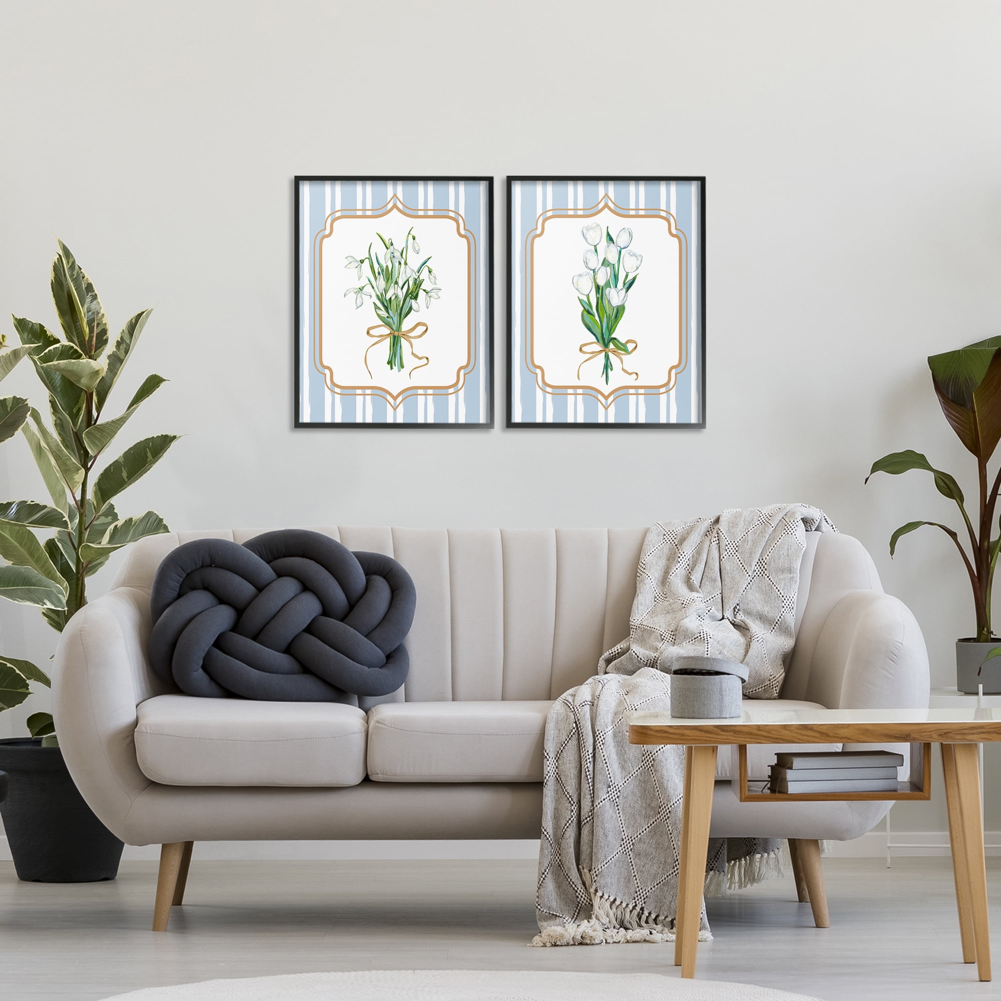 White Flowers Classic Stripes 2 Piece Black Framed Giclee Art Set, design by Adonna Ebrahimi