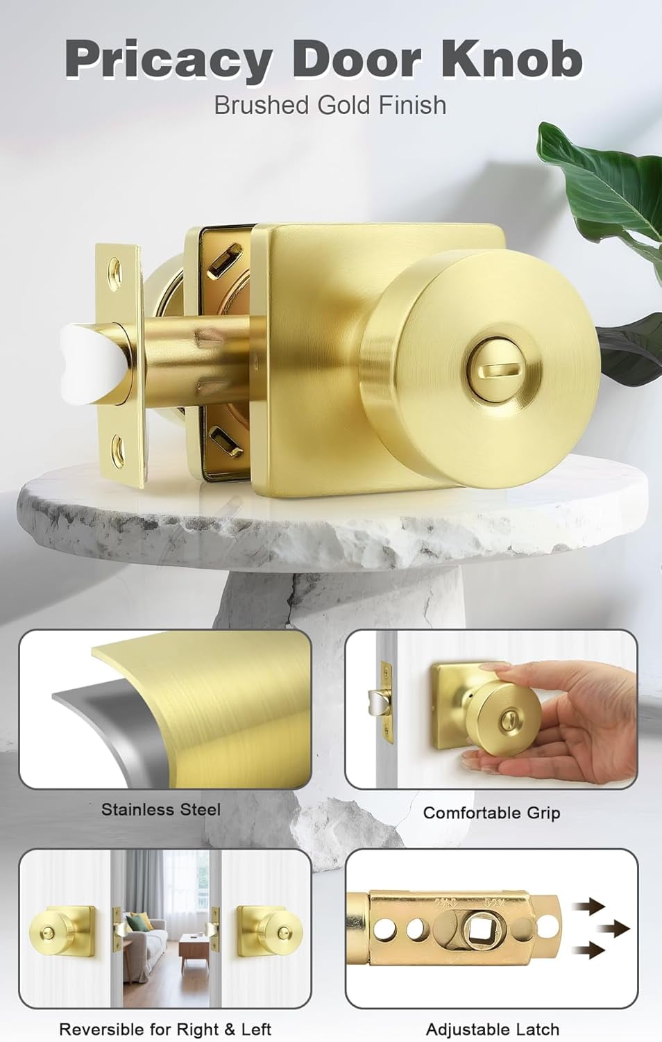 Bedroom Door Knobs Interior, Privacy Keyless Door Handles for Bedroom or Bathroom, 1 Pack Square Panel Door Knob in Brushed Gold Finish