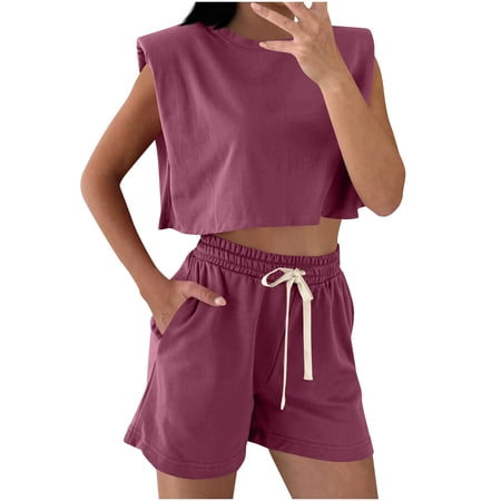 Fmbrln Womens Summer 2 Piece Sets Casual Solid Color Crew Neck Sleeveless Shoulder Padded Tank Tops and Drawstring Elastic Waist Sweatshorts Sets Lounge Sets Hot Pink L