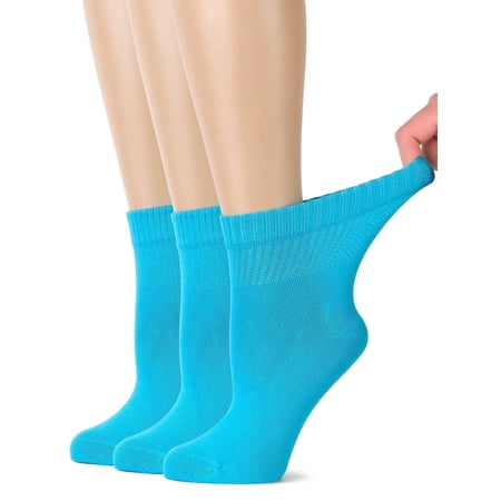 Hugh Ugoli Women's Bamboo Ankle Loose Fit Diabetic Socks, Soft, Seamless Toe, Wide Stretchy, Non-Binding Top, 3 Pairs, Blue Curacao, Shoe Size: 6-9