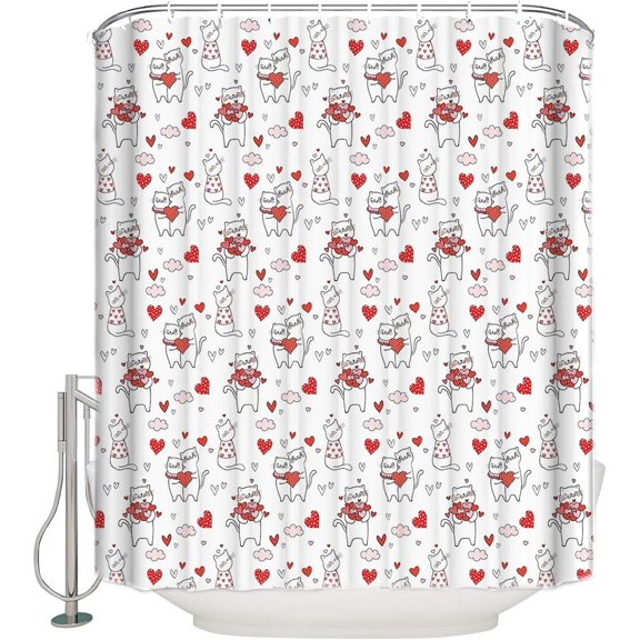 Valentine''s Day Shower Curtain Couple of Cats Shower Curtains for Bathroom Decor,Heart Shape Cartoon Animal Sweet Love Bath Curtains Sets with Hooks Waterproof Standard Size 72" x 72"