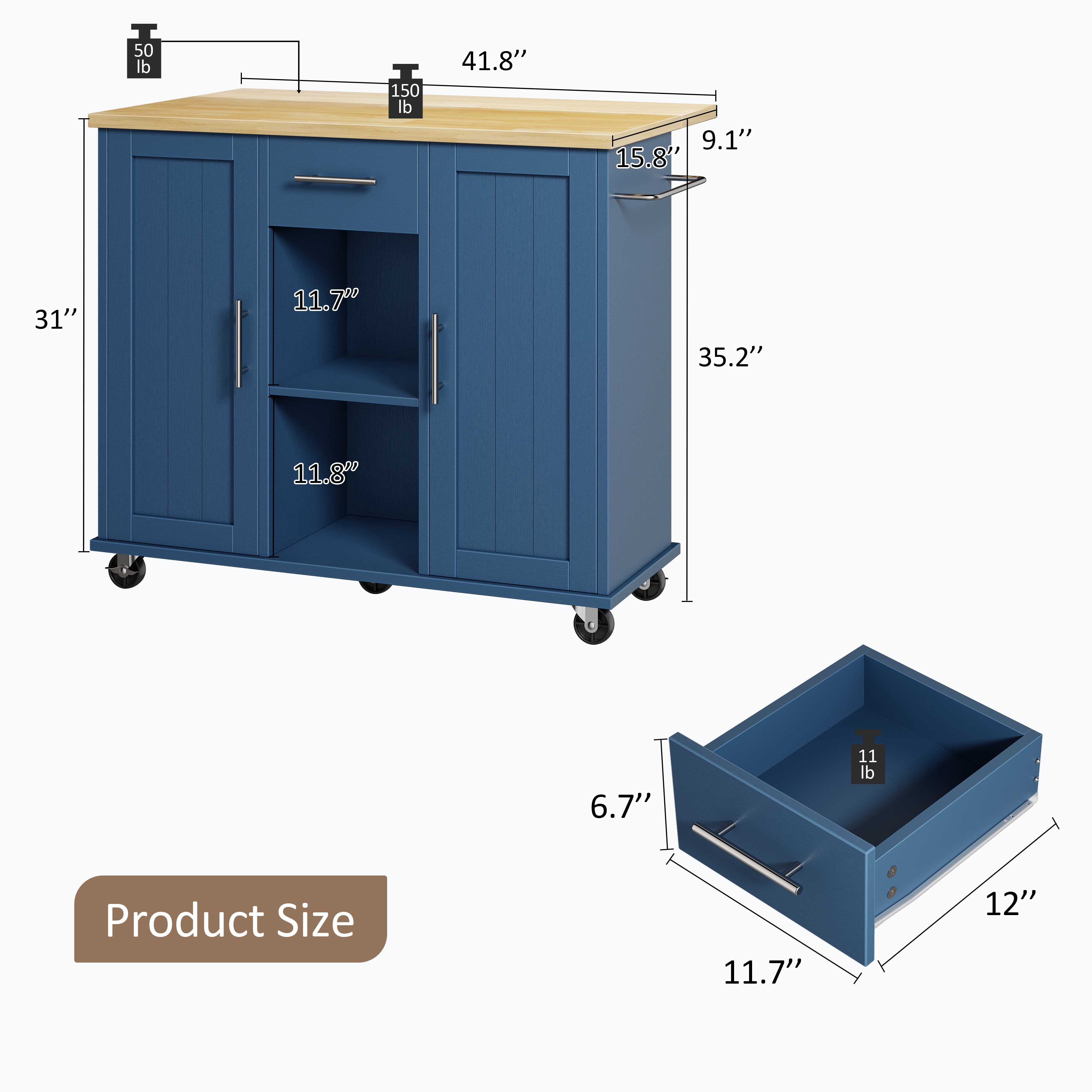 Walsunny Kitchen Islands Carts with Drop Leaf Table 1 Drawer 5 Wheels 2 Magnetic Doors Rolling Storage Cabinet Blue