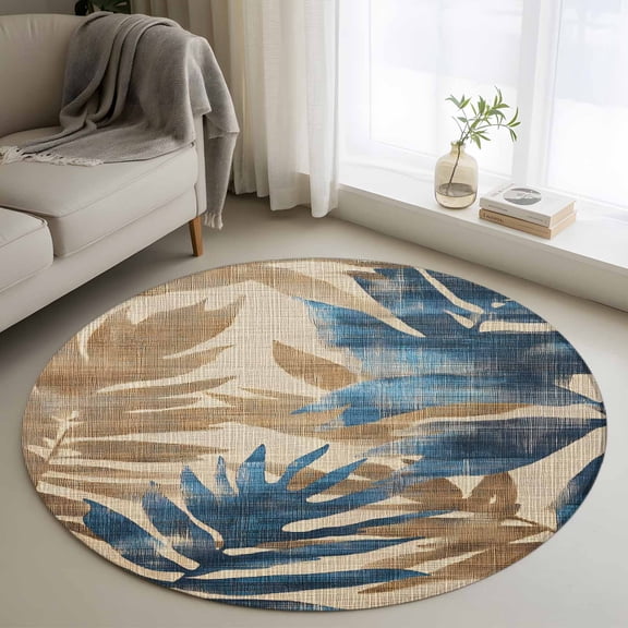 Round Rugs 3Ft, Navy Blue Brown Botanical Round Area Rug Washable Indoor Throw Carpet, Rustic Tropical Palm Leaves Small Non Slip Circle Rug for Bedroom Living Room Home Decor Aesthetic