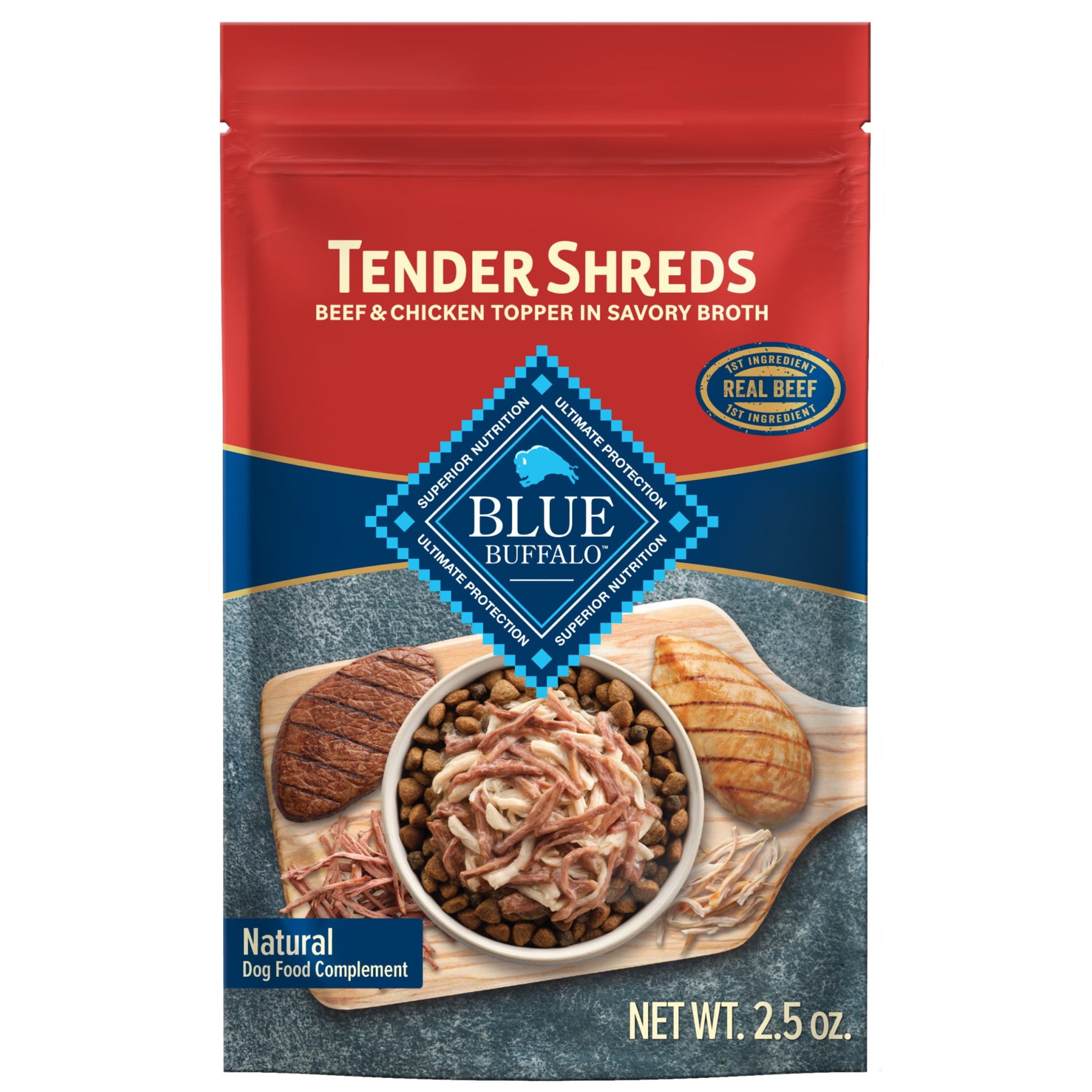 (24 pack) Blue Buffalo Tender Shreds Toppers, Dog Food, Beef & Chicken, 2.5oz. Pouch