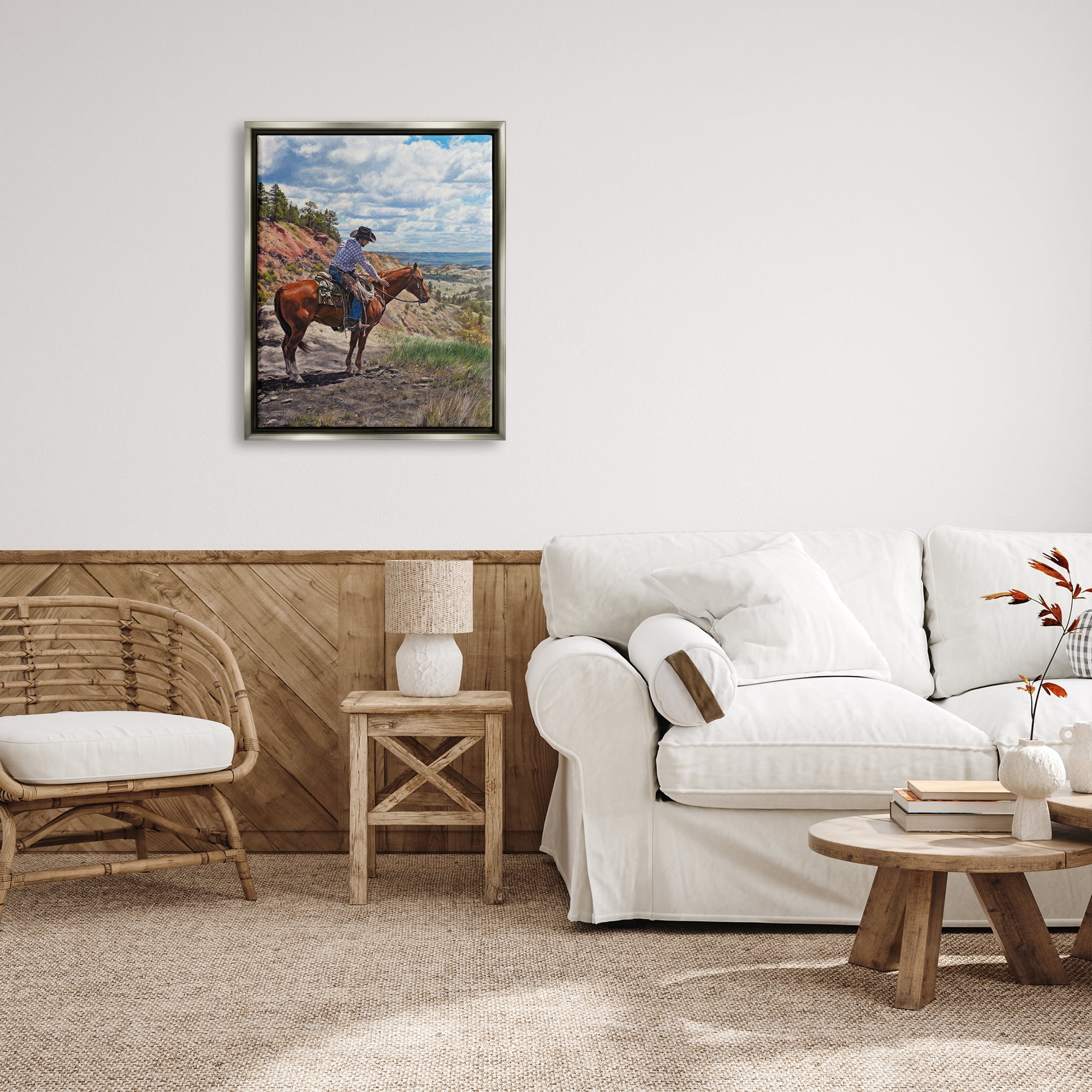 Stupell Industries Cowboy in Ocean Landscape Animals & Insects Painting Gray Floater Framed Art Print Wall Art, 25 x 31