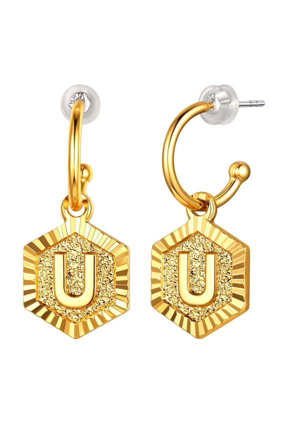 [Clearance] 14K Gold Plated Earrings for Women With Initial U Hexagon Mini Letter Alphabet Eardrop for Granddaughter Sister Friends Birthday Christmas Jewelry Gift On Sale