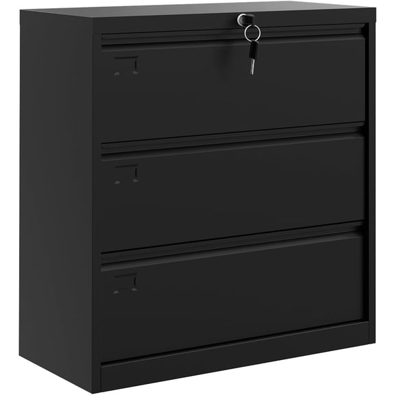 3 Drawer Lateral File Cabinet with Lock, Heavy Duty Steel Office Storage for Letter/Legal/A4 Documents, Easy Assembly Space-Saving Design - Black