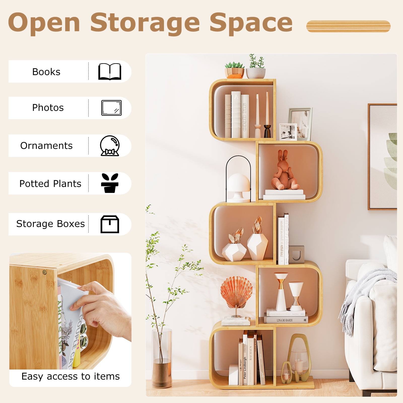 Gymax 5-Tier S-Shaped Bookcase w/ 5 Open Cubes Geometric Corner Display Shelf