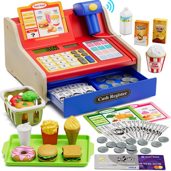 Caja registradora de madera Wee Wonders con calculadora y escáner
