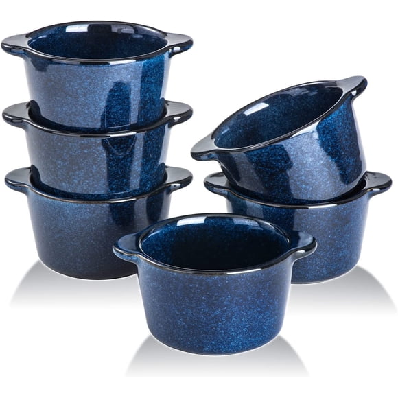 Creme Brulee Ramekins Ceramic Bowls - Mini Custard Cups 6 oz oven Safe Bowls Souffle Dishes for Baking Individual Casserole Dipping Sauce Pioneer Woman Bakeware Set of 6, Blue