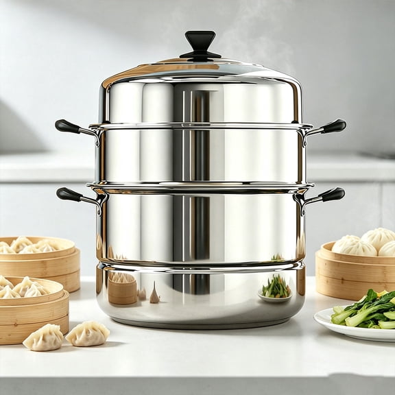 iFCOW 11 Inch 3 Tier Stainless Steel Steamer with Handle & Lid, Induction Compatible Multipurpose Kitchen Cookware