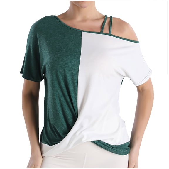 Jerdar Women's Color Block Short Sleeve T-Shirt Strappy Cold Shoulder With Crossed Ruched Hem Design L