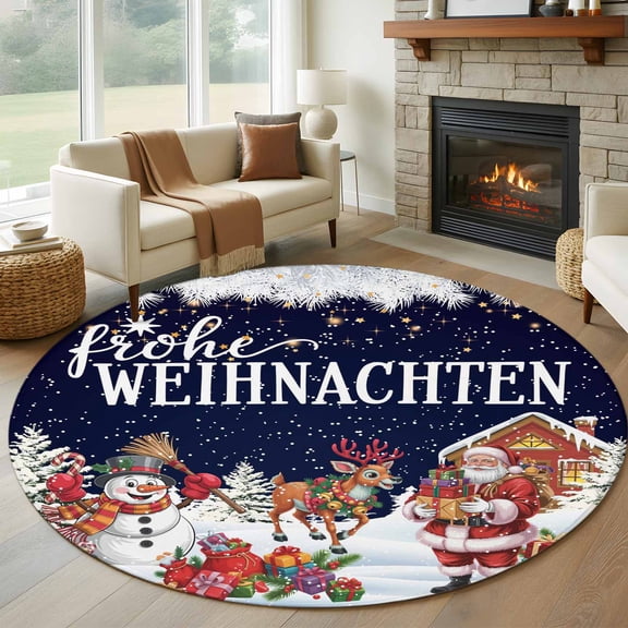 Round Rug 7Ft Washable Non-Slip, Navy Blue Christmas Circle Area Rugs for Living Room Bedroom, Santa Snowman Snowflake Gifts Elk Indoor Floor Mats Carpet Runner for Home Decor Aesthetic
