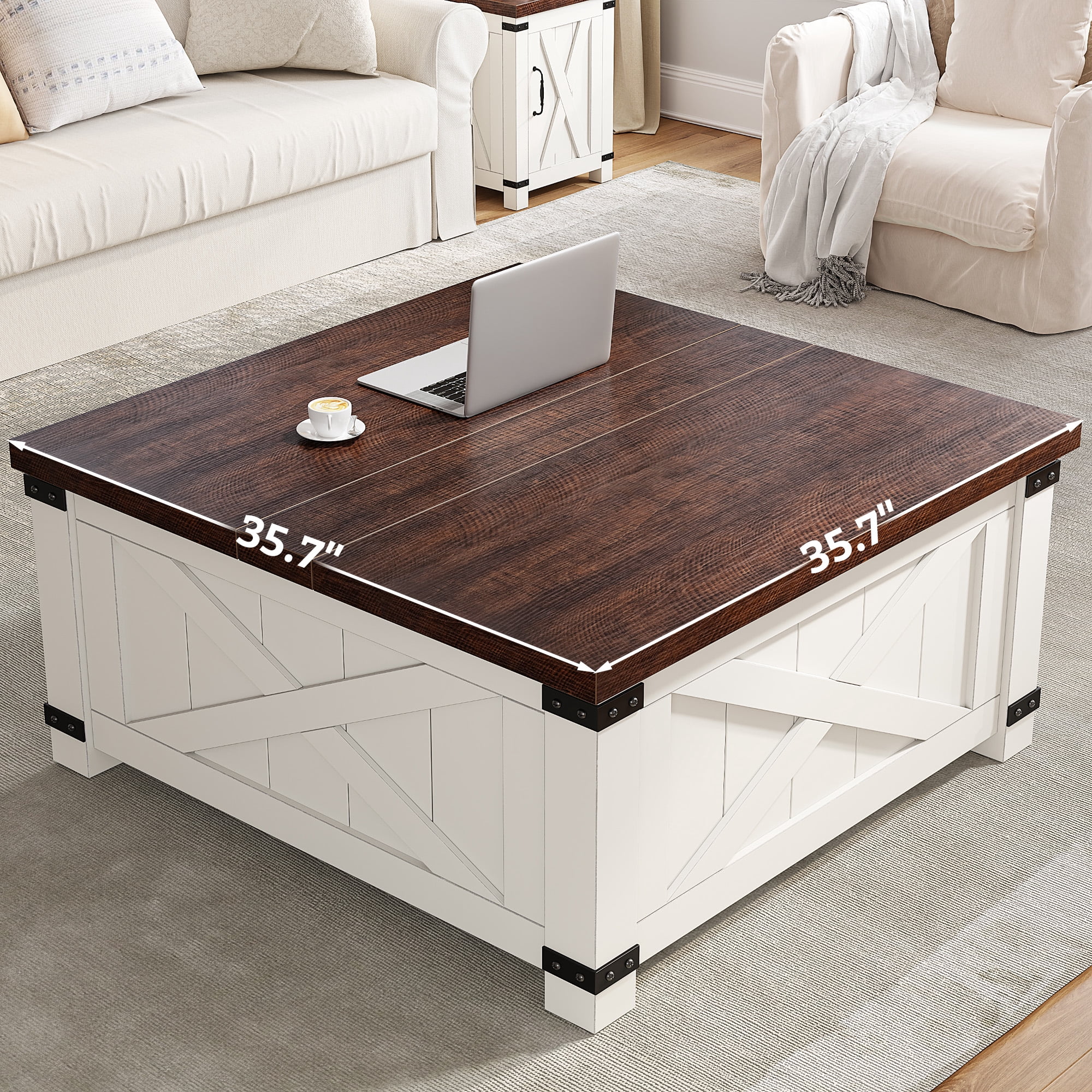 Romorgniz 35.7" W Square Lift Top Coffee Table Farmhouse Coffee Table with Large Hidden Storage Wooden Center Table for Living Room, White
