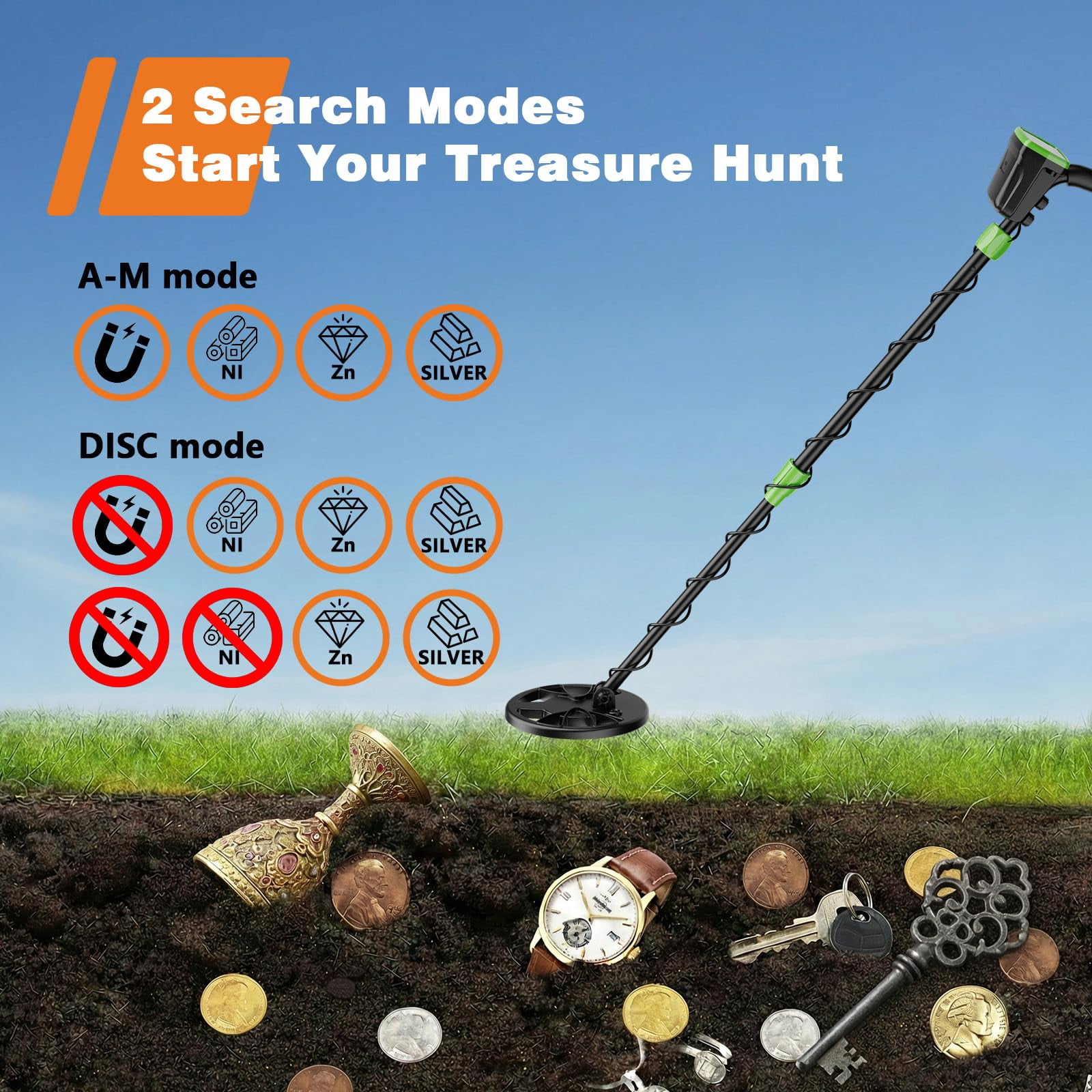 Metal Detector for Adults & Kids, Waterproof Metal Detectors with High Accuracy 8" Search Coil, All Metal & Disc Modes for Gold Detector,Green