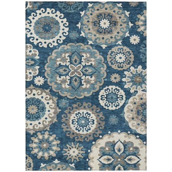 HomeRoots 585703 8 x 10 ft. Floral Medallion Washable Indoor & Outdoor Rectangle Area Rug, Navy Blue & Taupe