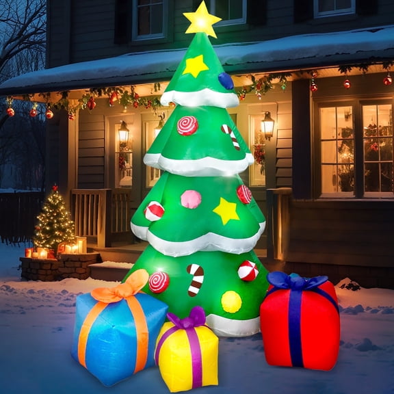 Joyfy 7ft Christmas Tree Inflatables,Giant Christmas Inflatable Tree with 3 Gift Boxes Blow Ups Yard with Built-in LEDs for Holiday Party Garden Lawn Decor