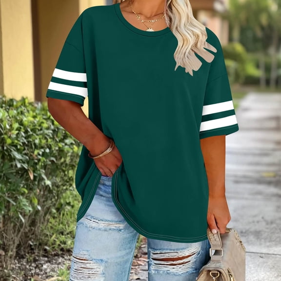 Uootdi Oversized Tops for Women Short Sleeve Contrast Stripe Sleeves Loose Fit Weekend Gatherings Casual Wear Shirts Gift