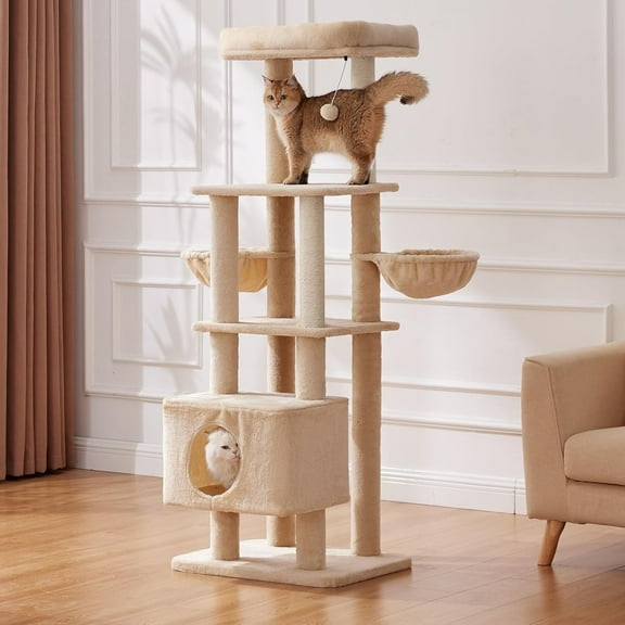 Nomipaw Cat Tree 65”, 6 Level Heavy Duty Cat Tower with 2.84in Posts, Two Scratching Posts, Washable Top Perches and Two Hammock, Beige
