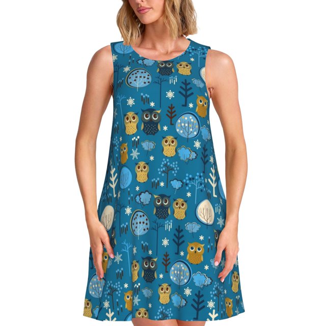 Easygdp Cute Colorful Owls And Trees para Vestido Transpirable de Mujer, Vestido Suelto de Manga Corta con Pliegues y Bolsillos para el Verano