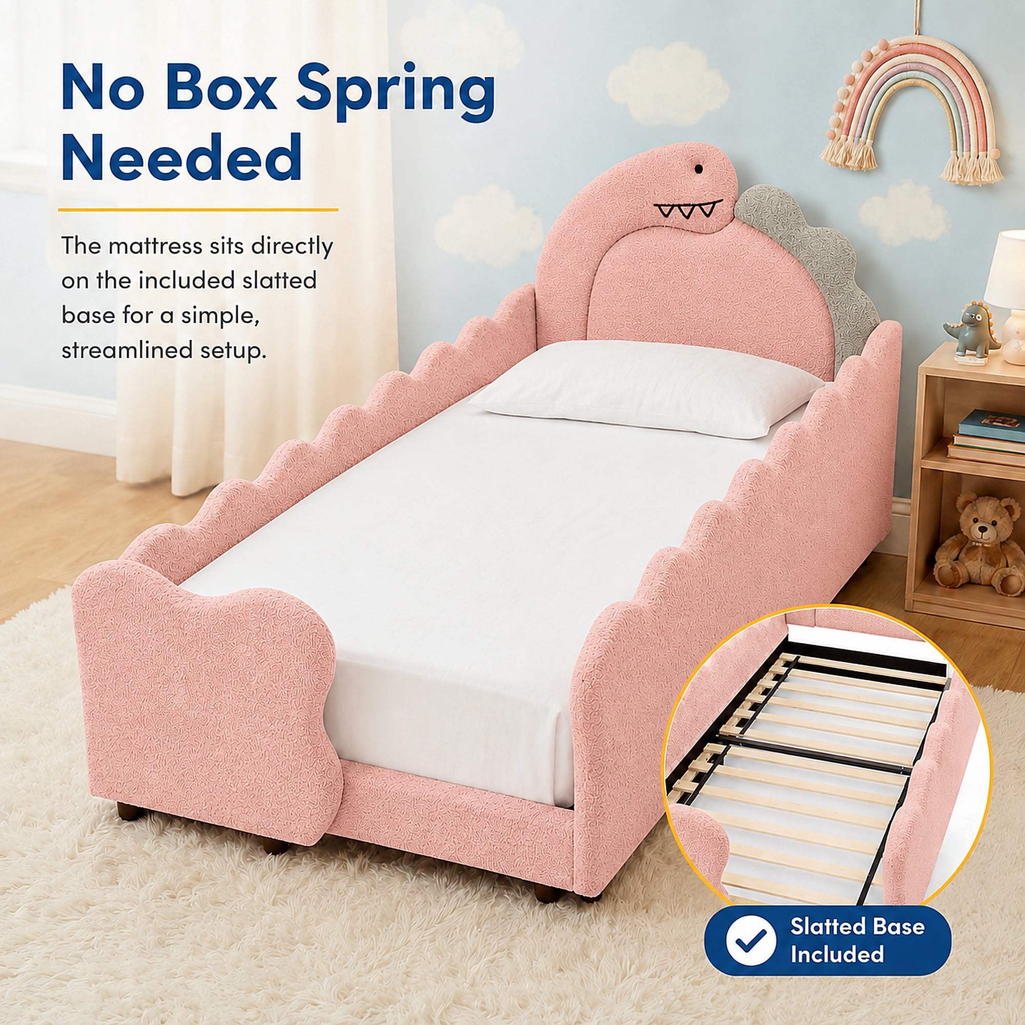 Miniyam Kids Twin Bed Frame, Boucle Upholstered Dinosaur Bed with Guardrails, Wood Slats, Pink
